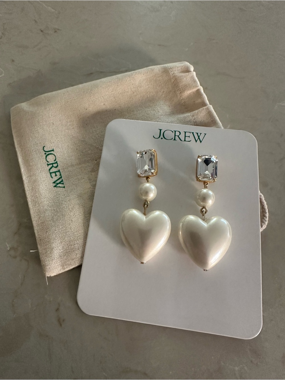 J. Crew Pearl Heart Drop Earrings in Creamy White with Crystal Studs